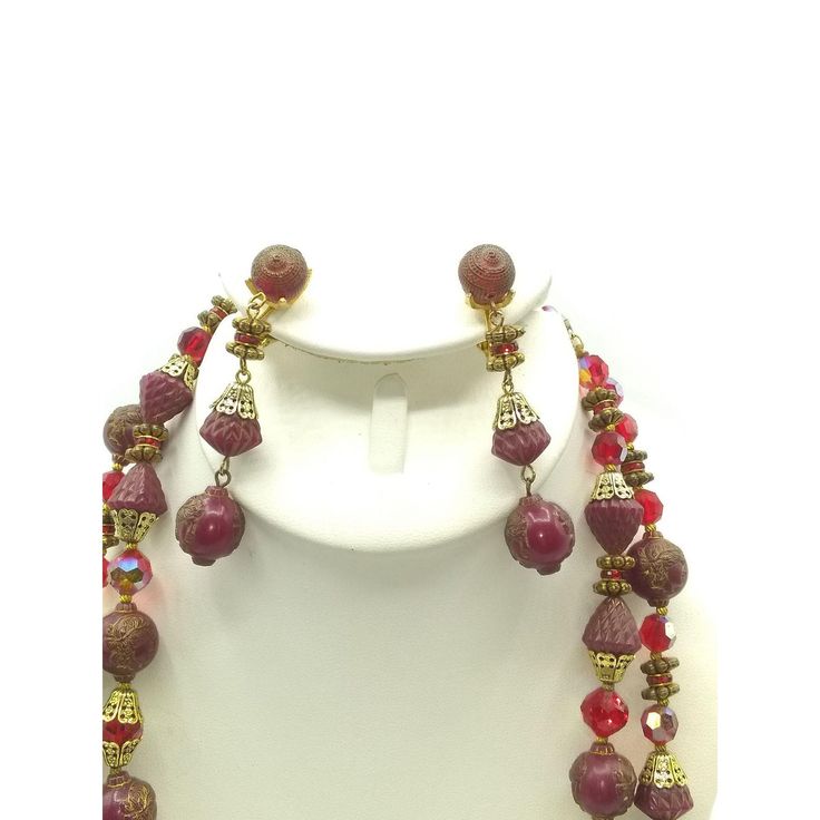 "Vintage Multi Strand Parure, Ornate Double Strand Necklace and Matching Shoulder Duster Clip On Earrings, Red Carved Resin Gilt Beads, Romantic Lady Cameo Bead Design, Jewelry Set Measurement * Necklace 25\" with 3\" extender; Earrings 2-3/4\" Condition * Very nice condition. Gently worn with minimal wear. SIZE: Womens 28\" CONDITION: Pre-Owned Good Very nice condition. Gently worn with minimal wear." Elegant Red Beaded Necklace For Christmas, Traditional Red Beaded Necklace For Formal Occasions, Red Jewelry With Bead Caps, Red Dangling Beads For Party, Formal Red Beaded Jewelry, Elegant Red Beaded Festival Necklaces, Elegant Ruby Beaded Necklaces For Festive Occasions, Elegant Red Beaded Necklaces For Festivals, Elegant Red Beaded Necklace For Festivals