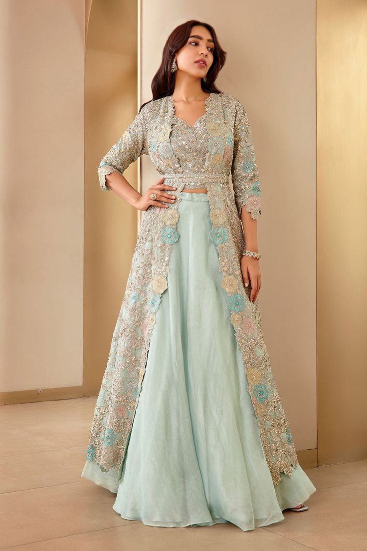 Shop for Osaa by Adarsh Blue Tissue Floral Embroidered Jacket Lehenga Set for Women Online at Aza Fashions Indian Jacket Dresses For Women, Jacket Dresses For Women Indian, Jacket Lehenga Long, Jacket Lehenga Designer, Jacket Style Lehenga Wedding, Coat Lehenga, Jacket Lengha, Lehenga With Jacket, Chevron Embroidery