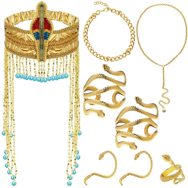 PRICES MAY VARY. Nice Combination: package come with 8 pieces of Egyptian costume accessories including 1 piece women gold Egyptian headpiece with beautiful bead, 2 piece gold snake layered necklace, 1 pair snake bracelet, 1 pair snake earrings and 1 piece snake ring, enough to match your costume, make you look more attractive Gold Snake Design: women Cleopatra costume accessories are stylish and eye catching, the Egyptian headpiece embellished with exquisite snake head, the bracelet designed in Cleopatra Headpiece, Egyptian Headpiece, Gold Snake Jewelry, Egyptian Cleopatra, Cleopatra Jewelry, Costume For Women, Headpiece Jewelry, Snake Jewelry, Snake Bracelet