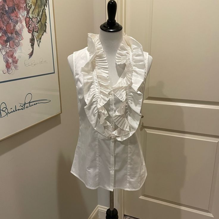 Nwt. This Ann Taylor Cotton Ruffled Neck Sleeveless Blouse Has A Beautiful Sateen Finish. Perfect For An Evening Out With Black Pants Or A Skirt. Fitted Sleeveless Tank Top With Ruffles, Fitted Ruffled Tank Top For Daywear, Fitted Ruffle Tank Top For Daywear, Sleeveless Ruffled Blouse For Daywear, Elegant Cotton Sleeveless Blouse Vest, Elegant Spring Vest With Ruffles, Chic Fitted Vest With Ruffles, Fitted Sleeveless Blouse Vest With Ruffles, Fitted Sleeveless Top With Ruffles