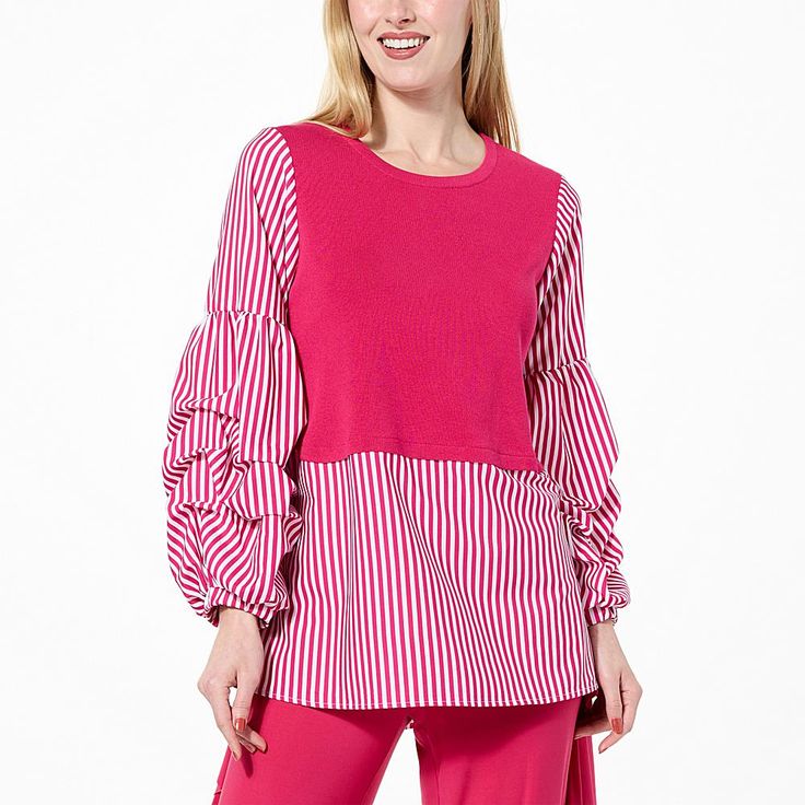 Antthony Ruched Sleeve Mixed Media Twofer Top  Cleverly constructed with a solid, ribbed knit sweater vest and woven, striped ruched-sleeve shirt, this double duty pullover top gives your favorite workday-to-weekend looks a sophisticated, layered illusion. Striped Stretch Tops For Work, Stretch Striped Tops For Work, Knit Tops With Striped Long Sleeves, Casual Knit Tops With Striped Sleeves, Knit Tops With Striped Sleeves And Crew Neck, Knit Crew Neck Tops With Striped Sleeves, Spring Striped Stretch Sweater, Chic Ribbed Blouse For Spring, Chic Spring Ribbed Blouse