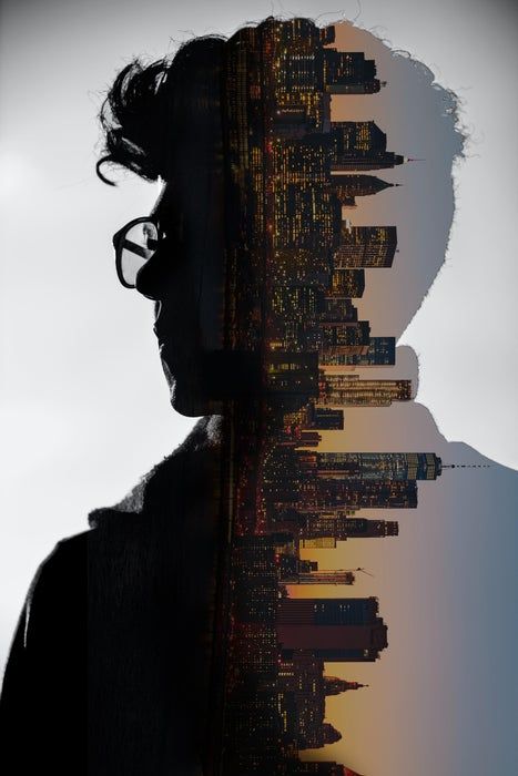 the silhouette of a man with glasses is in front of an image of a city