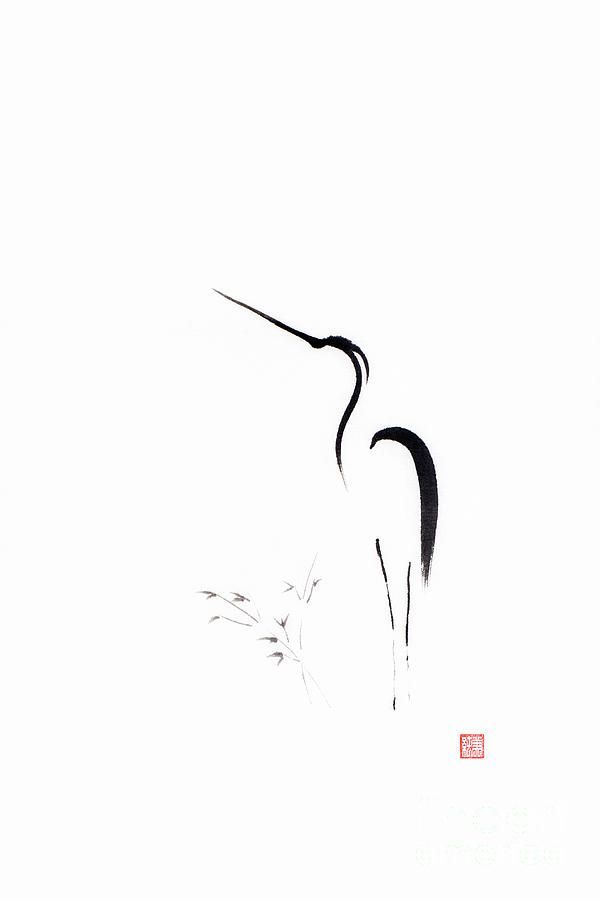 an ink painting of a bird on a white background with chinese writing in the foreground