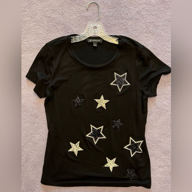 Inc Embellished Star Print T-Shirt In Black - New Without Tags - Classic Black T-Shirt With Scoop Neckline - Embellished With Stars In Black, White, And Silver Crystals - Cotton - Shortsleeved - True To Size Star Shirt Aesthetic, Bedazzled Tshirt, Bedazzled Shirt, Stars Shirt, Shirts Women Fashion, Shirts Women, Star Shirt, Inc International Concepts, Black T Shirt