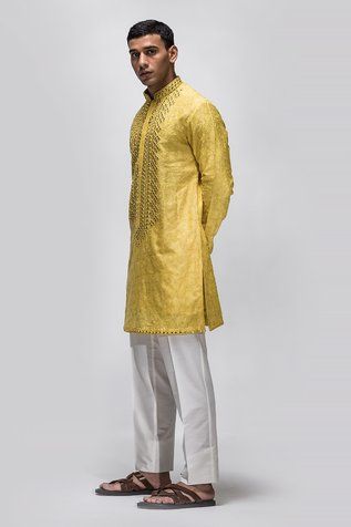 Shop for Asuka Yellow Mirror Embroidered Chanderi Silk Kurta Set for Men Online at Aza Fashions Mirror Work Kurta, Yellow Mirror, Yellow Kurta, Yellow Mirrors, Resham Embroidery, Kurta Set For Men, Embroidery Detailing, Silk Kurta, Pattern Embroidery