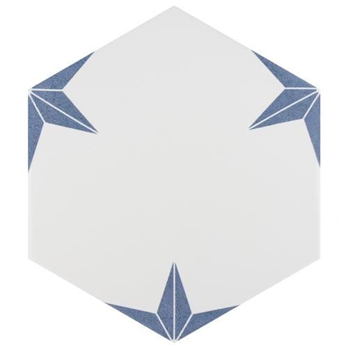 a white and blue hexagonal tile with an origami design