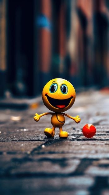 a small yellow figure is standing on the street next to an apple