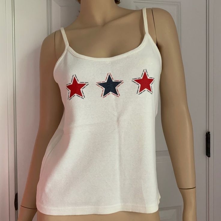 New Tommy Hilfiger Jeans Tank Top With Stars - White 100% Cotton Casual Summer Tops With Star Logo, White Summer Tops With Star Logo, White Star Print Top For Summer, White Casual Top With Star Patch, Casual White Top With Star Patch, Hawaiian Woman, Jeans Tank Top, Hot Pink Tank, Striped Sleeveless Top