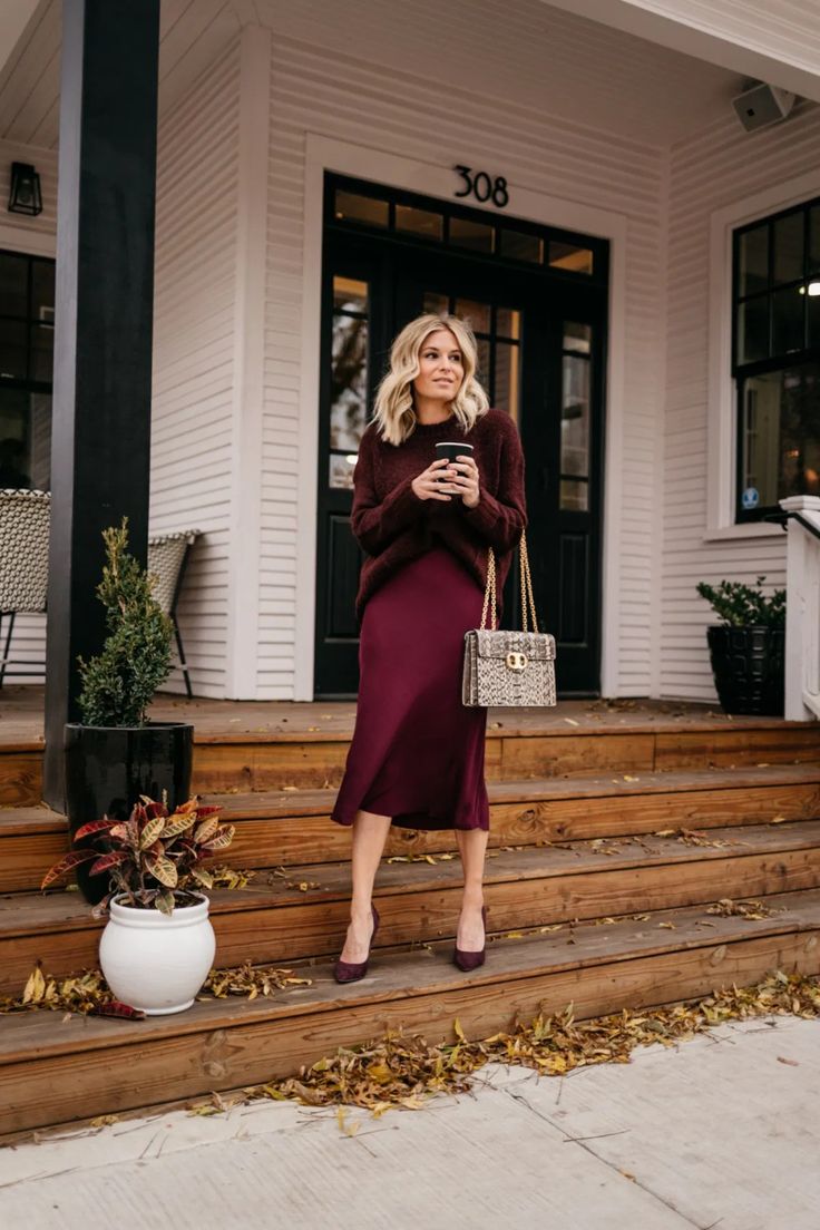 MONOCHROMATIC WORK OUTFITS // MUSE MONDAY Silk Skirt Outfit, Satin Skirt Outfit, Monochromatic Fashion, Burgundy Outfit, Burgundy Skirt, Monochromatic Outfit, Boujee Outfits, Mid Summer, Dark Autumn