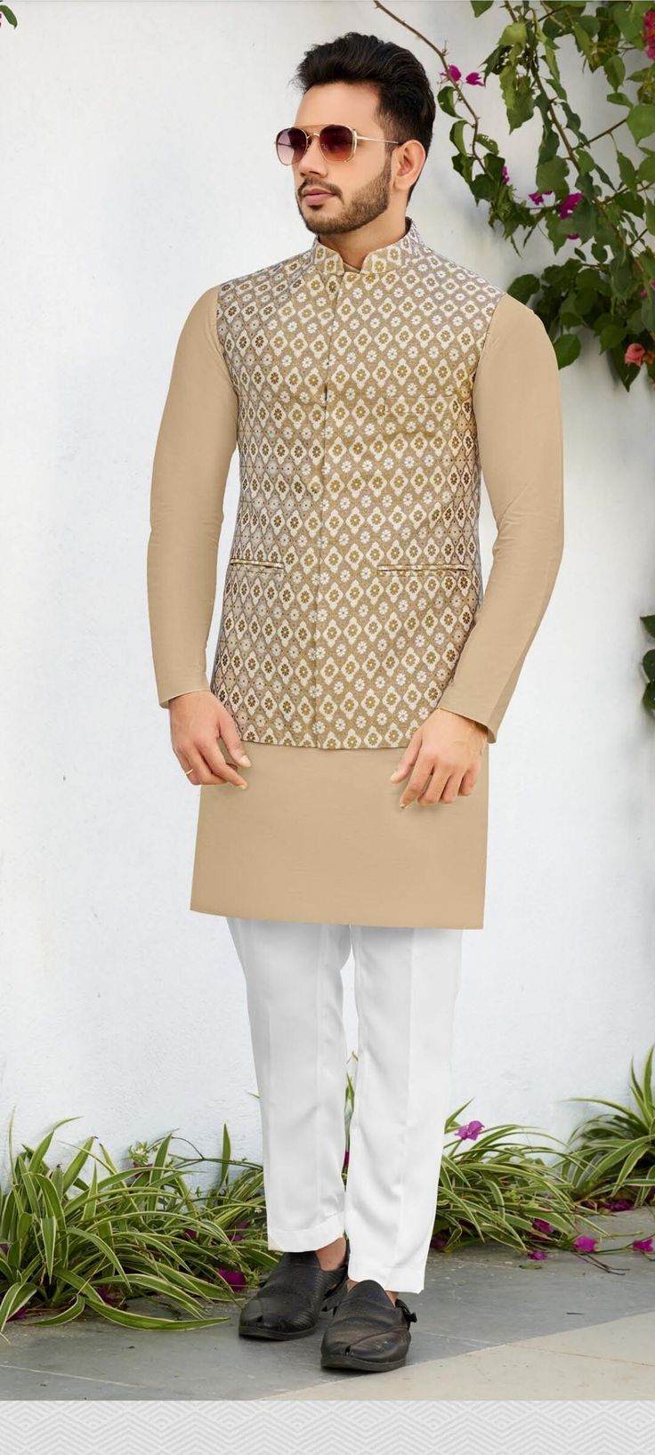 Details : Color -cream- colour kurta, Cream flowers jacket  Any Color you may ask for...(we can make it )  Fabric -Imported Fabric  Work Details : quilted work Bottom Details Color - White -- Churidar Package Include : Top , Bottom All others accessories are for photography purpose only . Just the Top and bottom available . Color variation may be there slightly , due to computer resolution and camera . Cream Nehru Jacket With Zari Work Long Sleeve, Cream Long Sleeve Nehru Jacket For Diwali, Cream Long Sleeve Nehru Jacket For Festive Occasions, Fitted Cream Nehru Jacket For Eid, Beige Long Sleeve Bandhgala With Chikankari Embroidery, Festive Beige Long Sleeve Bandhgala, Cream Nehru Jacket With Zari Work For Eid, Fitted Beige Sherwani With Chikankari Embroidery, Eid Cream Nehru Jacket With Zari Work