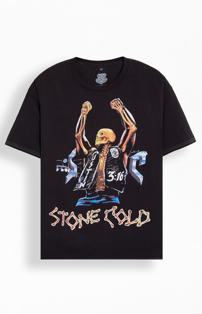 a black stone cold t - shirt with an image of a man holding two hands up