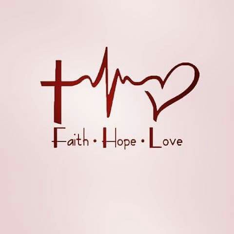 the word faith hope love written in red on a pink background