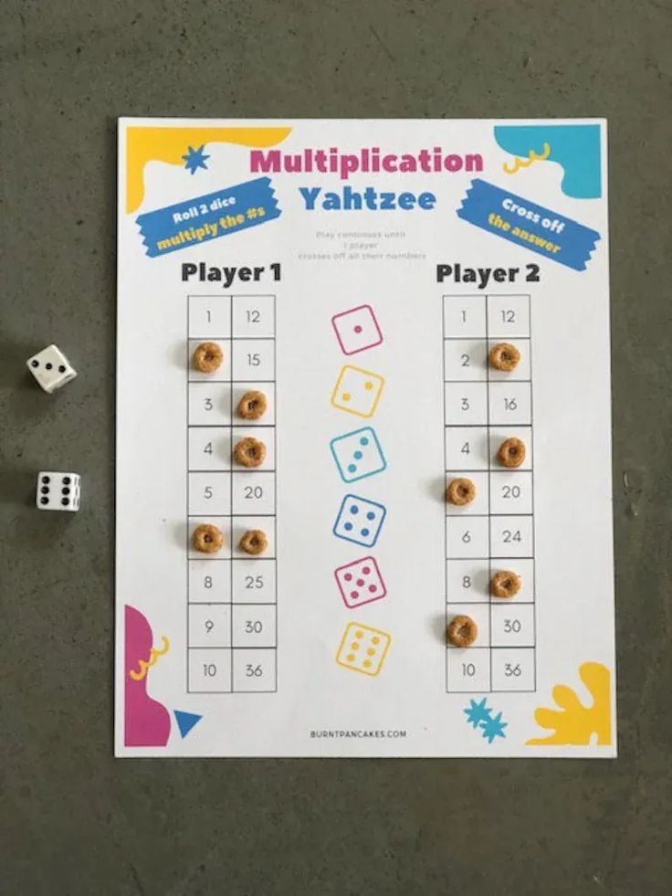 a printable game with two dices and three numbers on the table next to it