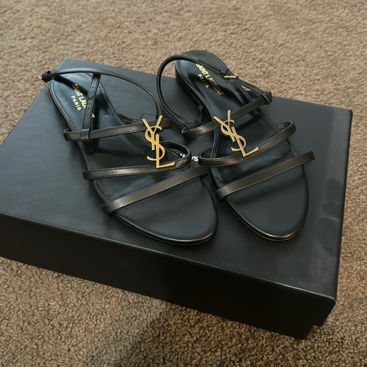 Never Worn Saint Laurent Sandals 38.5 I’m A Size 8 For Reference Luxury Black Slingback Sandals With Single Toe Strap, Designer Slingback Sandals, Designer Slingback Sandals With Ankle Strap, Designer Slingback Sandals With Heel Strap, Luxury Black Slingback Sandals With Leather Sole, Luxury Black Open Toe Slingback Sandals, Designer Black Open Toe Slingback Sandals, Luxury Sandals With Heel Strap And Flat Heel, Luxury Black Low Heel Sandals