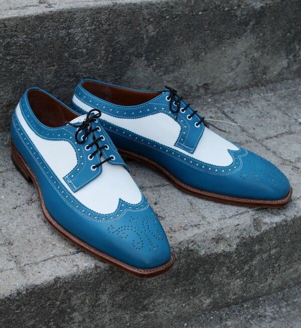 Crafted Leather Bespoke Men's Dress Shoes Blue White Leather Wingtip Oxford on Storenvy Shoes Classy, Blue Dress Shoes, Quality Leather Boots, Wingtip Oxford Shoes, Men's Dress Shoes, Wingtip Shoes, Custom Design Shoes, Handmade Leather Shoes, Classy Men