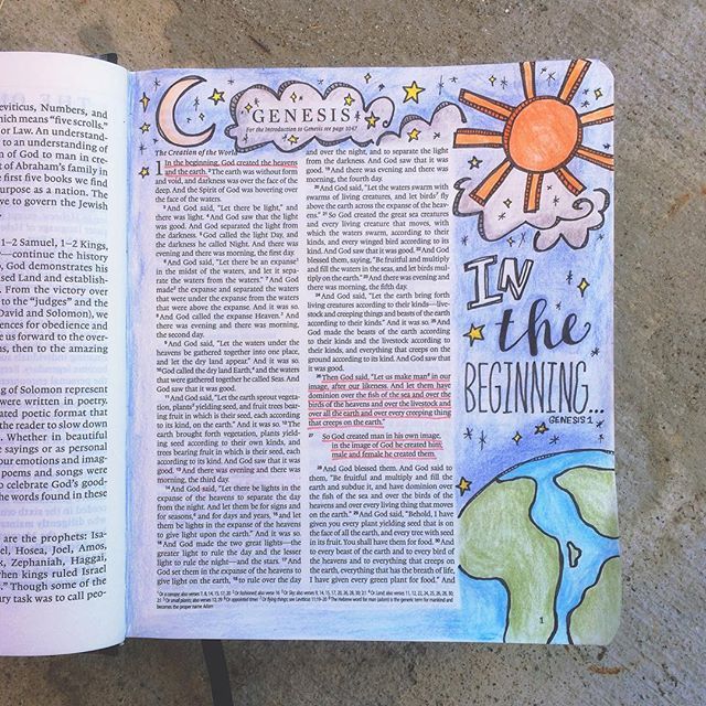 an open bible with the words i am the beginning written in bright colors on it