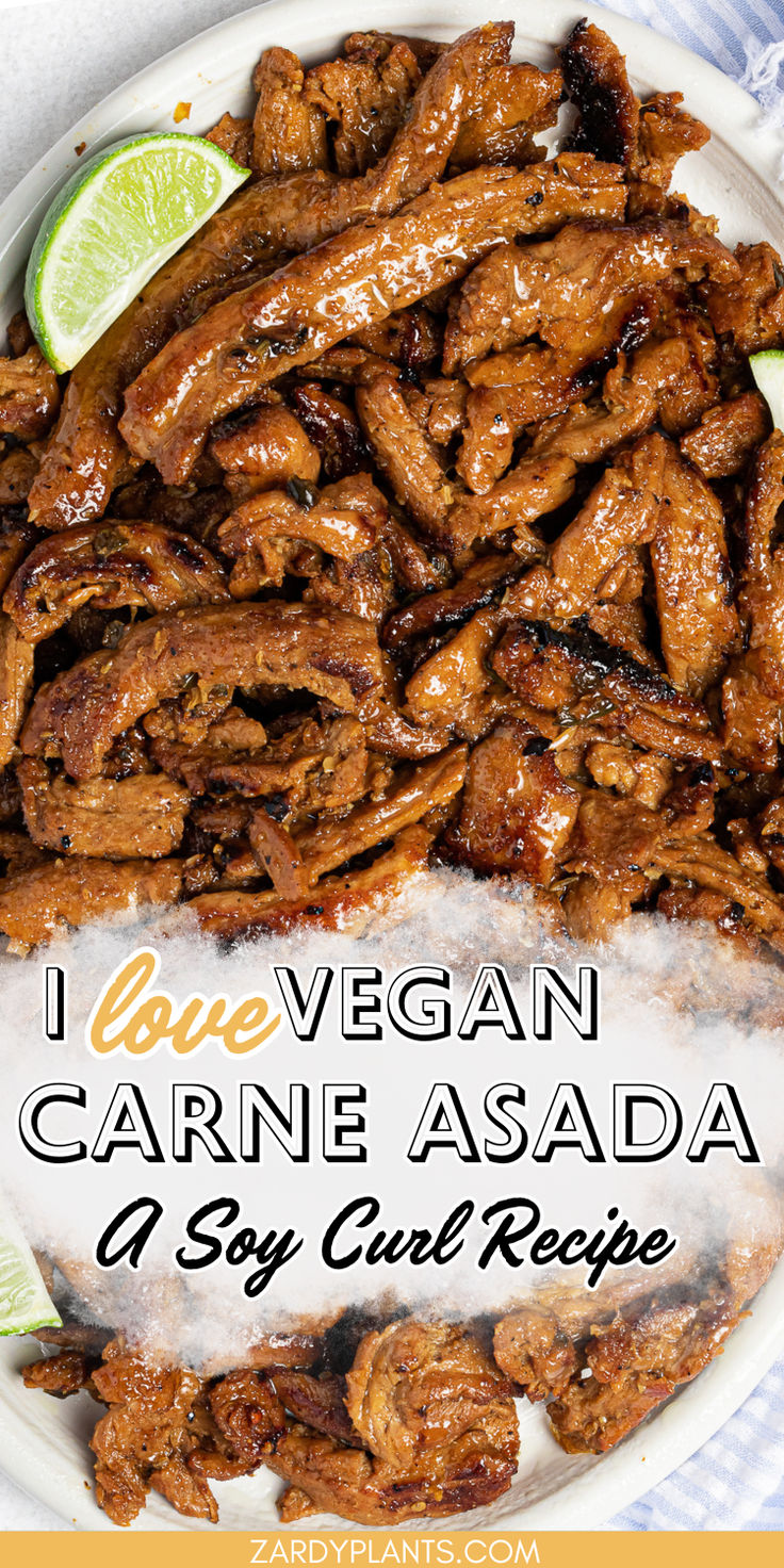 A large batch of vegan carne asada on a plater. Vegan Asada Tacos, Vegan Taco Tuesday Recipes, Vegan Recipes When Sick, Vegan Carne Asada Tacos, Vegan Shredded Beef, Vegan Brisket Recipes, Dr Vegan Recipes, Easy Vegan Mexican Recipes, Vegan Quesadilla Recipes