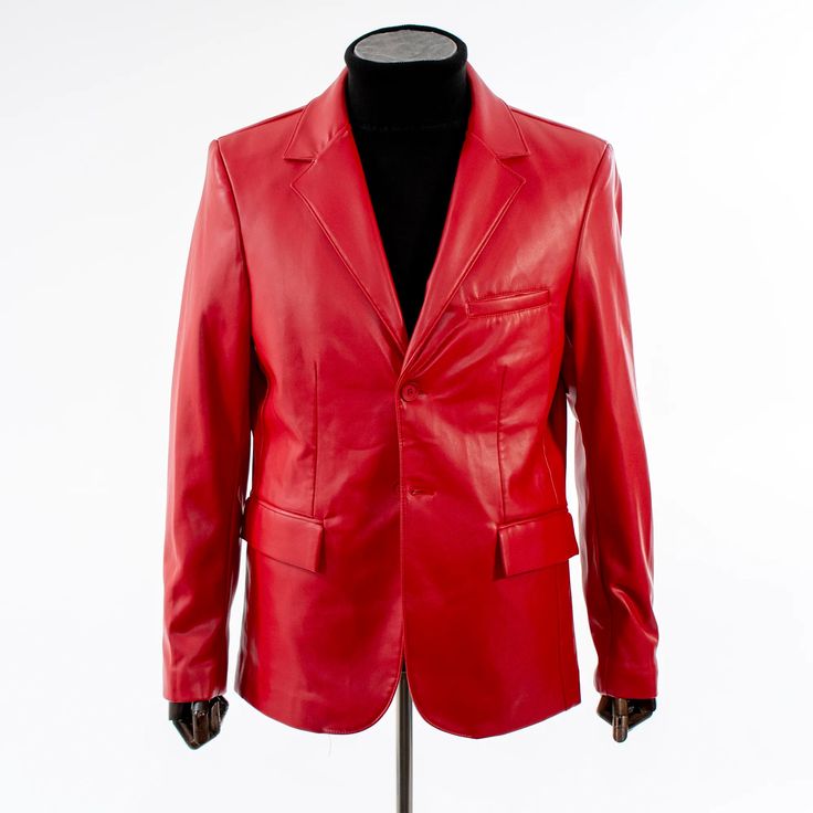 Men's Red Slim-Fit Leather Blazer Vegan Leather Red Leather Blazer With Long Sleeves, Red Leather Long Sleeve Blazer, Classic Red Fitted Leather Jacket, Classic Fitted Red Leather Jacket, Red Leather Blazer For Fall, Fall Red Leather Blazer, Fitted Leather Jacket With Notch Lapel For Winter, Fitted Red Leather Jacket For Work, Formal Red Fitted Leather Jacket