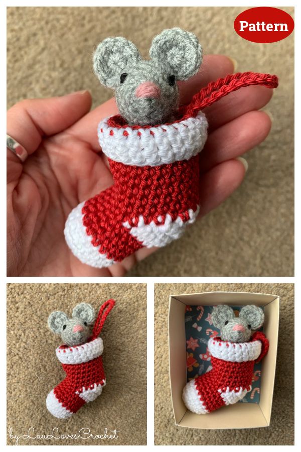 a crocheted mouse in a red and white knitted christmas stocking ornament