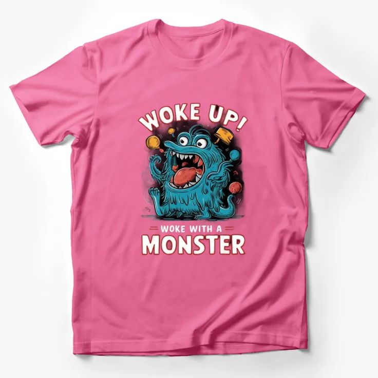 a pink t - shirt with an image of a monster on the front and words woke up