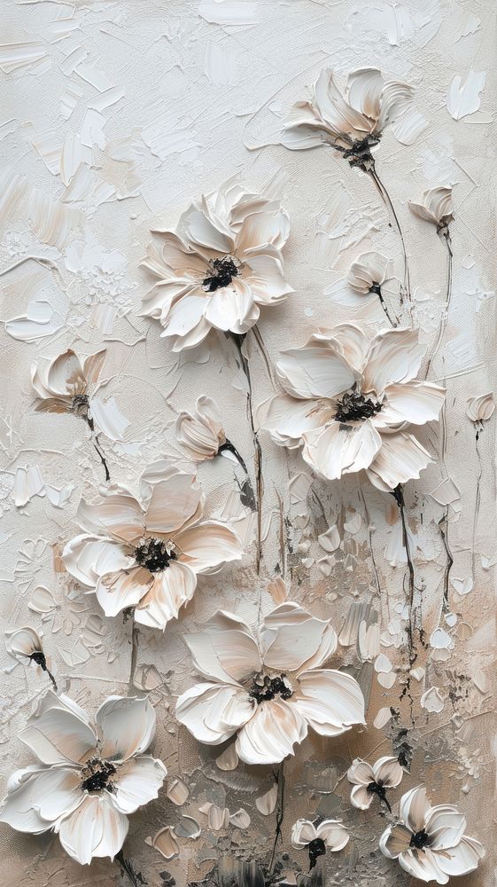 an abstract painting of white flowers on a beige background