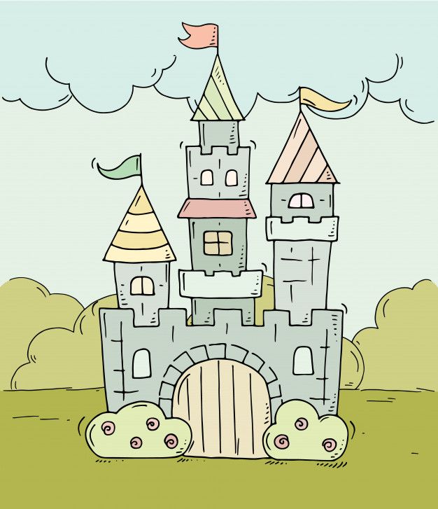 an illustration of a castle with flags flying in the sky