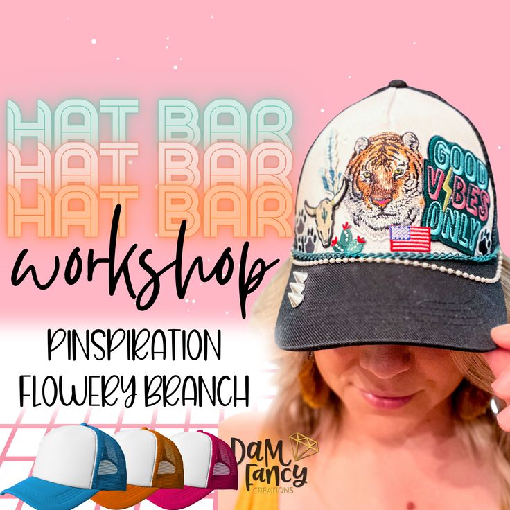 Workshop will be held at Pinspiration in Flowery Branch GA. 7380 Spout Spring RD Come join me for an IN PERSON hat party! This hat bar will be a complete workshop and you will leave with your completed hat. For this class you will get to pick your hat, up to 5-6 patches, two chains and one other embellishment. I will work with you to arrange your patches and will press them during the event. You can then attach your chains or other embellishments and leave the event with your new custom hat! Cheap Fun Personalized Hats, Trucker Hat Bar Display Ideas, Trucker Hat Bar, Trucker Hats With Patches, Hat Bar, Country Hats, Custom Trucker Hats, Hat Party, Bar Displays