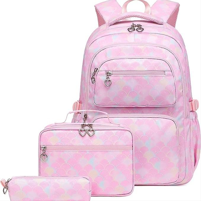 three pieces of pink backpack with matching bags