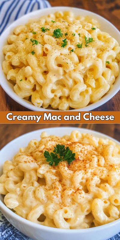 two bowls filled with macaroni and cheese on top of a wooden table