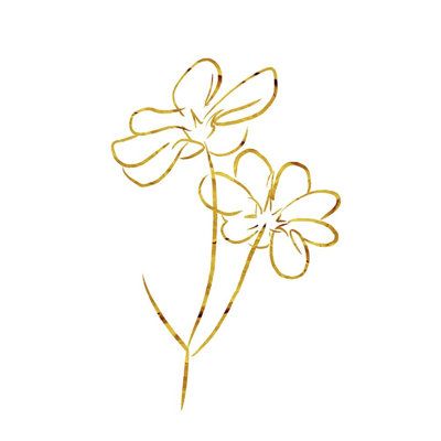 a drawing of two flowers on a white background with gold foiling in the middle