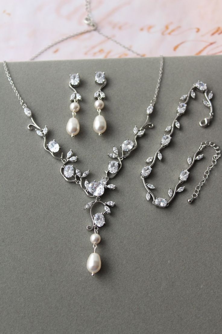 Silver Pearl Drop Bridal Necklace and Earring Set Wedding Jewellery Set CZ Leaf Earrings Zirconia Bridal Jewelry Set Bridal Necklace Set - Etsy Wedding Jewellery Set, Earrings Zirconia, Wedding Day Jewelry, Bridal Necklace Set, Bridal Jewelry Set, Wedding Jewellery, Necklace And Earring Set, Zirconia Earrings, Pearl Set