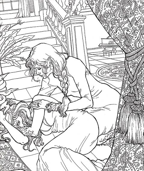 an adult coloring page with a mermaid and her baby