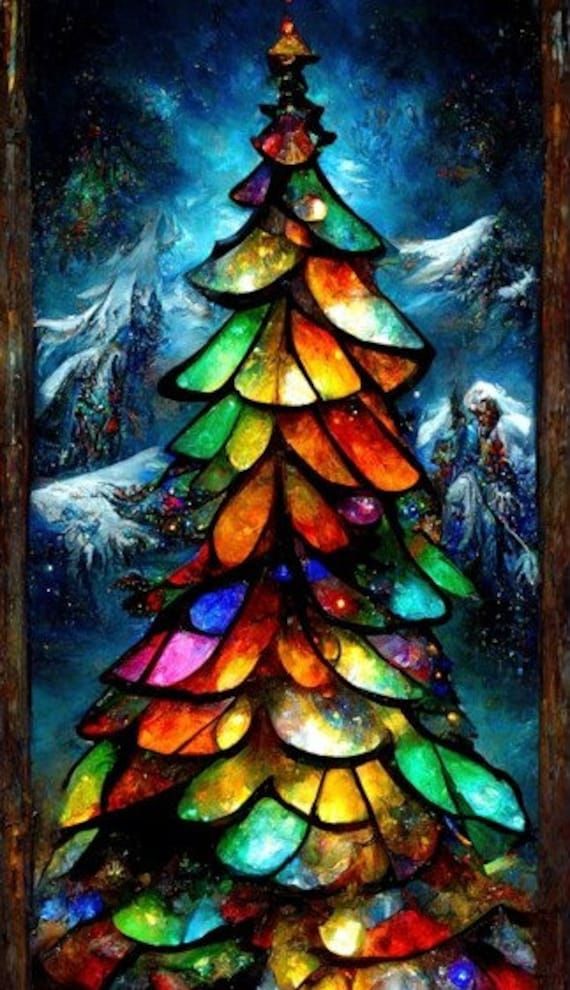 a stained glass christmas tree with snow covered mountains in the background