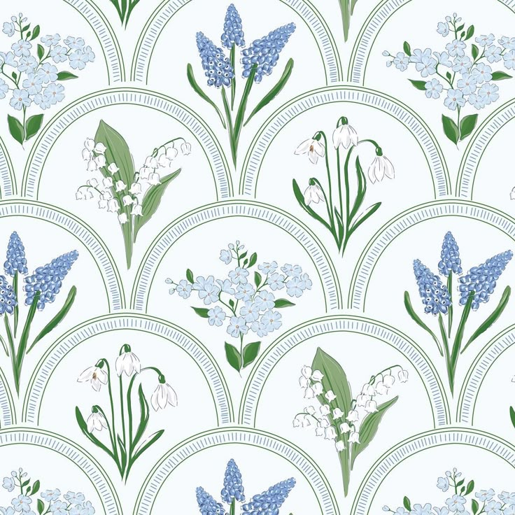 a blue and white floral pattern with green leaves on the back ground, in an art deco style