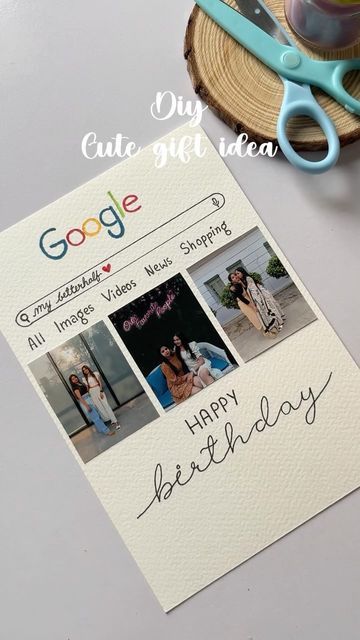 a google birthday card with photos on it and a pair of scissors next to it