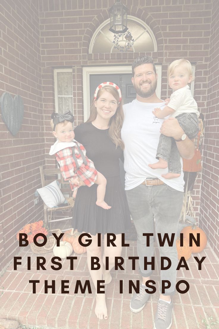 a man, woman and two children standing in front of a brick house with the words boy girl twin first birthday theme inspo