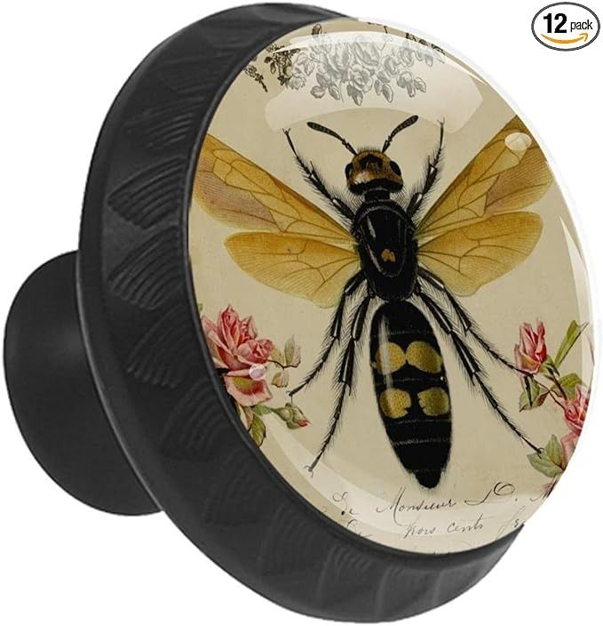 a black and yellow bee with flowers on it's back is in the center of an oval holder