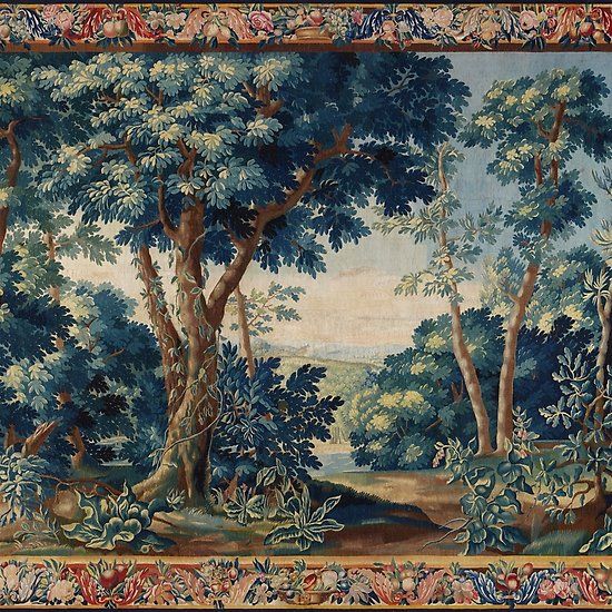 an old tapestry with trees and flowers on it