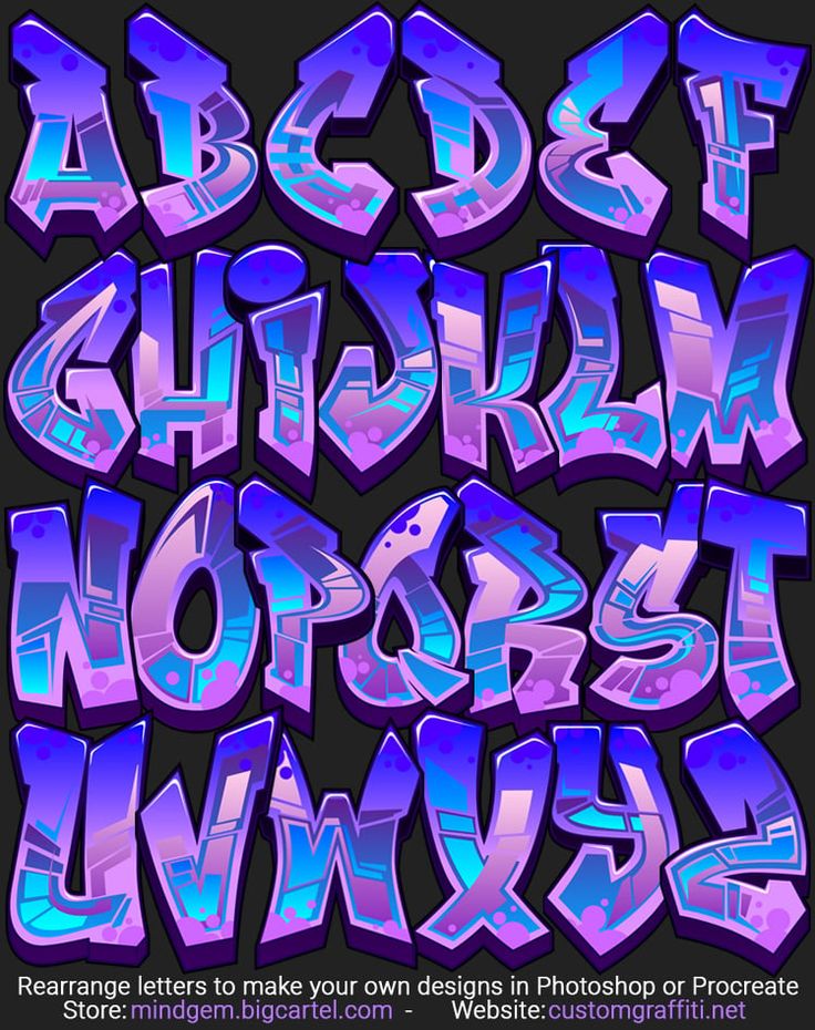 the alphabet is made up of purple and blue glass letters, which appear to be in different