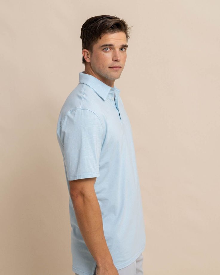 Sun-washed spring colors pair with a simple stripe to bring the sea and season together. This classic short-sleeve polo shirt features a 3-button placket and drop-tail hem for the pefect fit at parties or the pier. Style: 10625 Blue Polo Shirt With Striped Collar, Fitted Light Blue Polo Shirt With Polo Collar, Light Blue Fitted Polo Shirt With Polo Collar, Fitted Light Blue Polo Shirt, Fitted Light Blue Short Sleeve Polo Shirt, Light Blue Cotton Polo Shirt For Summer, Light Blue Summer Polo Shirt, Collared Polo Shirt For Summer, Casual Summer Polo Shirt With Striped Collar