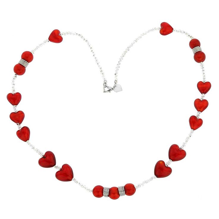 Bold, beautiful, and unique are the best words to describe this Murano Glass necklace. Eternal appeal of red hearts mixed in with the gentle shimmer of silver-lined beads brings to mind the allure and magnificence of Venice. Carefully handcrafted using ancient methods of working glass with a small torch, this necklace is a creation of an established glass-making family, whose workshop has been operating for decades on Murano island. This classic yet trendy heart necklace is a statement of affect Red Beaded Jewelry For Anniversary, Red Heart Pendant Necklace For Wedding, Glass Heart Beads Necklace, Glass Heart Beads Necklaces, Red Heart-shaped Sterling Silver Necklace, Red Heart Beads Jewelry For Valentine's Day, Red Heart Charm Necklace For Wedding, Elegant Wire Wrapped Necklaces For Valentine's Day, Red Adjustable Heart Pendant Necklace