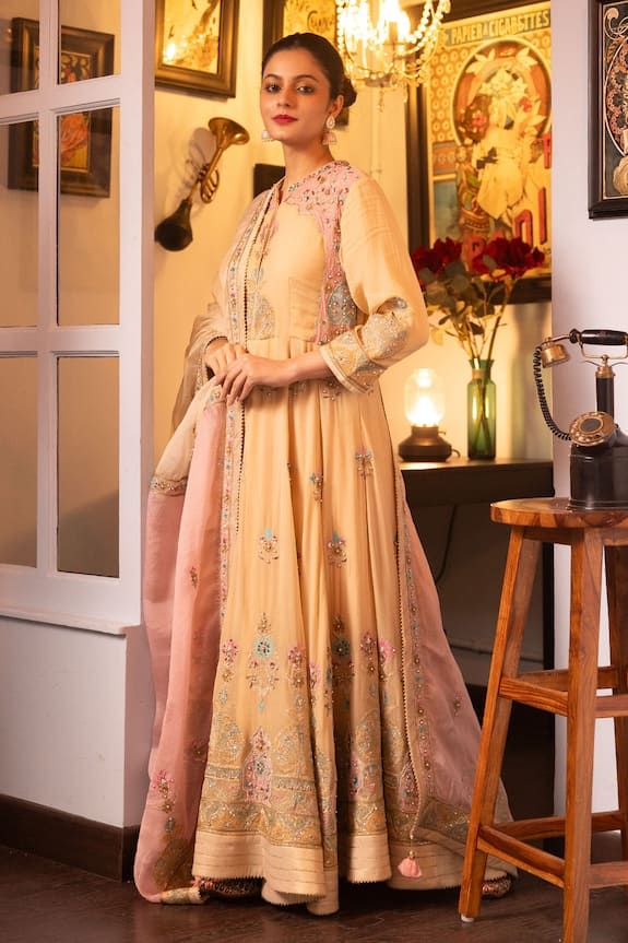 Beige anarkali with multicolour thread embroidered floral heart patterns highlighted by pearls. Comes with embroidered dupatta. - Aza Fashions Multicolor Dresses With Dabka Work For Reception, Multicolor Dabka Work Dresses For Reception, Designer Long Sleeve Anarkali Set With Multicolor Embroidery, Designer Long Sleeve Multicolor Embroidered Anarkali Set, Floor-length Multicolor Embroidered Anarkali Set, Reception Multicolor Dabka Work Anarkali Set, Unstitched Anarkali Set With Intricate Embroidery, Multicolor Salwar Kameez With Dabka Work For Reception, Floor-length Multicolor Embroidered Sets For Eid