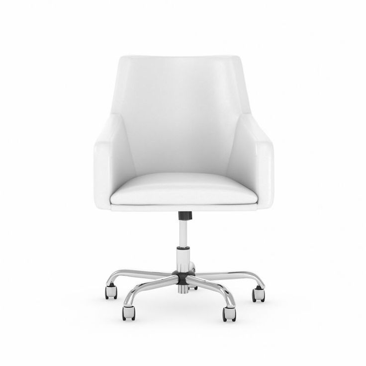 a white office chair with chrome wheels on an isolated white background, viewed from the front