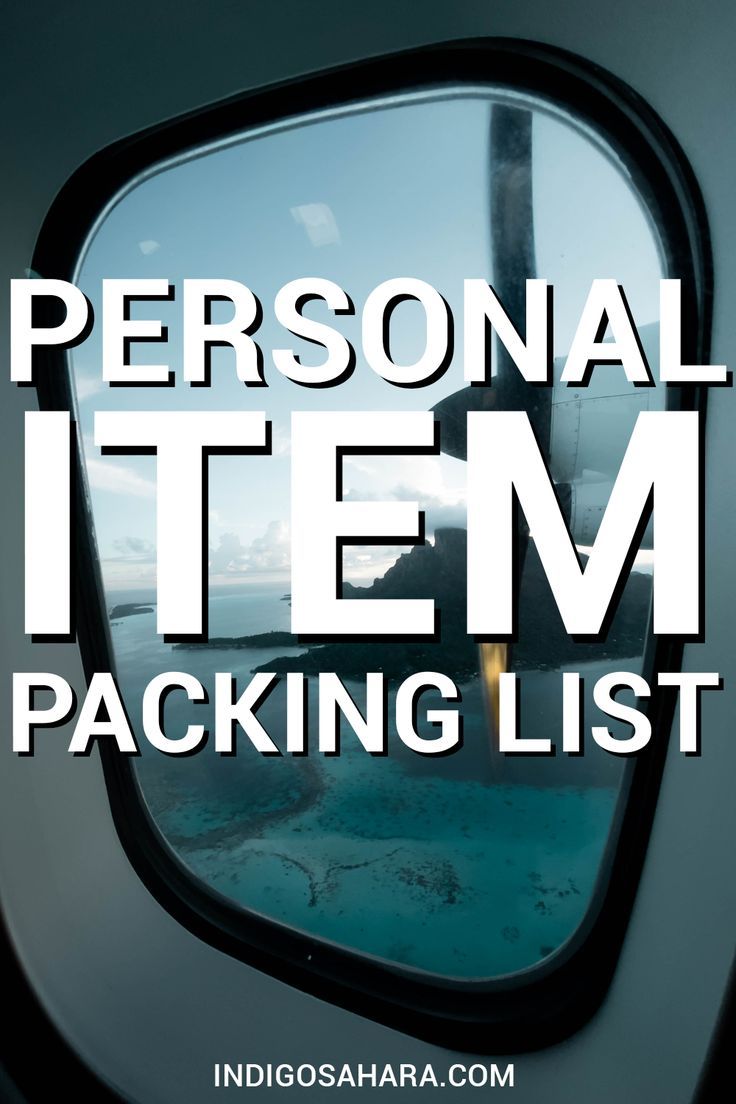 an airplane window with the words personal item packing list in white overlaying it