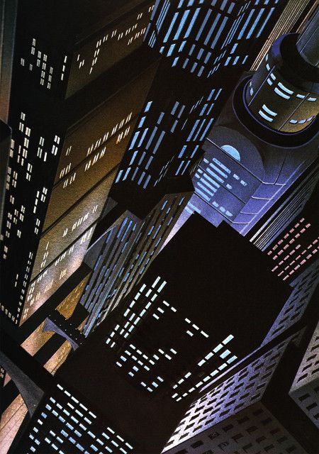 an aerial view of skyscrapers at night with lights shining on the building's windows