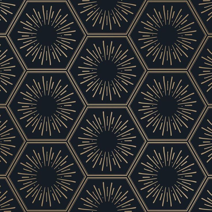 a black and gold geometric pattern with sunbursts in the center on a dark background