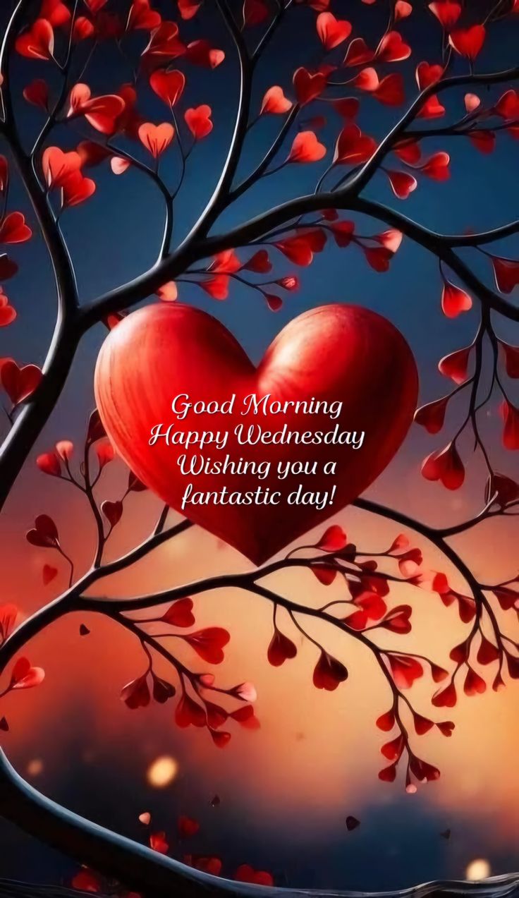 a heart shaped tree with red leaves and the words good morning happy wednesday wishing you fantastic day