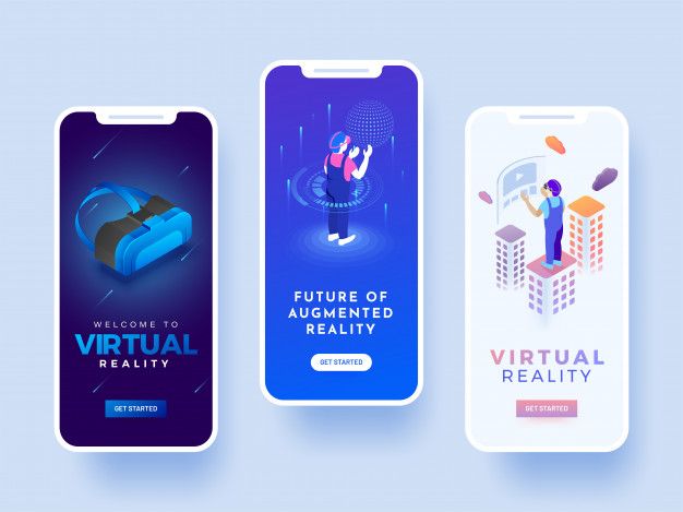 three mobile phone screens with the words virtual reality and an image of a man standing on top