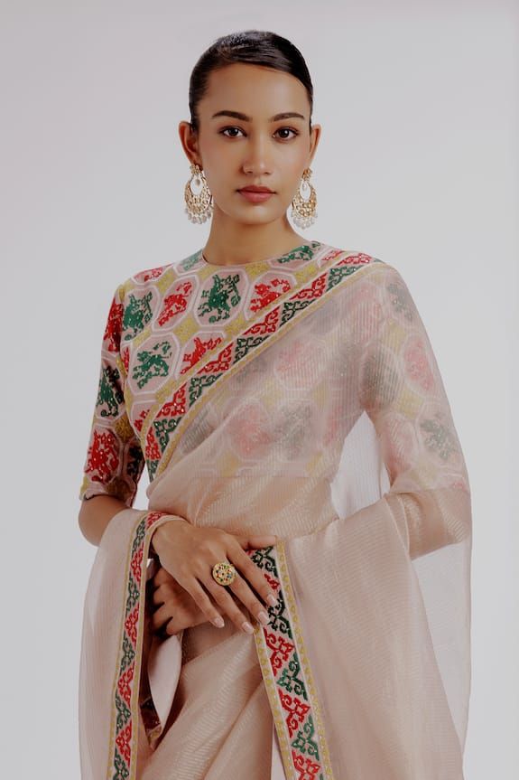 Multicolour thread embroidered border saree with woven stripe base. Comes with thread embroidered blouse and petticoat. - Aza Fashions Transitional Festive Pre-draped Saree With Embroidered Border, Designer Embroidered Cotton Silk Pre-draped Saree, Festive Multicolor Embroidered Chanderi Pre-draped Saree, Navratri Saree Blouse With Embroidered Border, Wedding Blouse With Multicolor Embroidery And Cutdana, Chanderi Blouse Piece With Embroidered Border, Chanderi Saree Blouse Piece With Embroidered Border, Anarkali Choli With Embroidered Border For Reception, Transitional Multicolor Traditional Wear With Embroidered Border