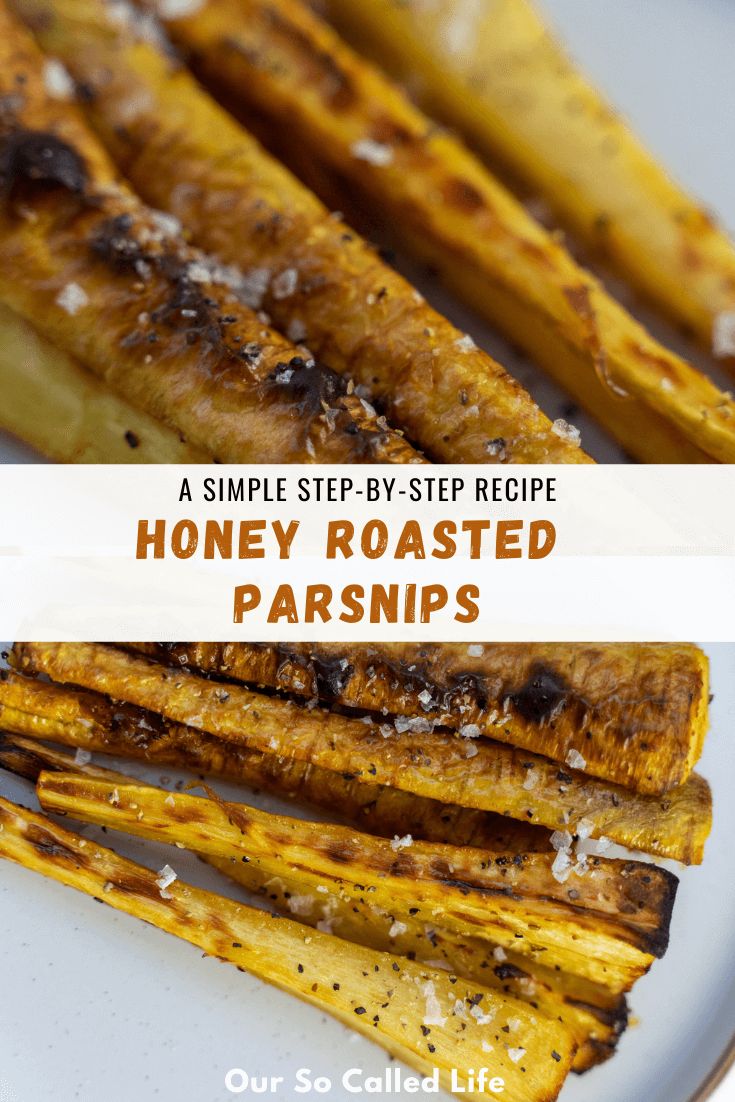 grilled honey roasted parsnips on a white plate with text overlay